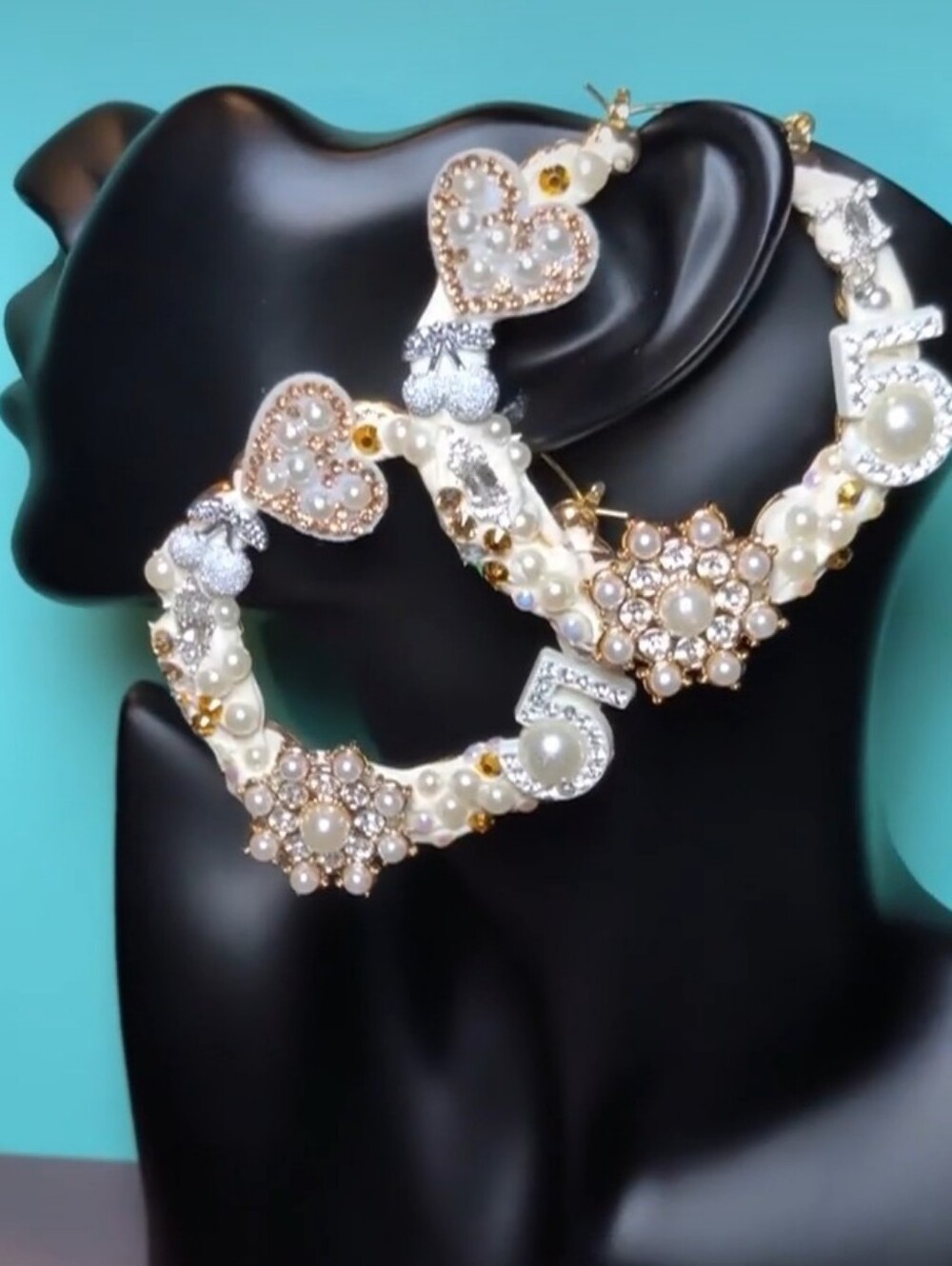 Hand Crafted Gold & White Heart Pearl Hoop Earrings